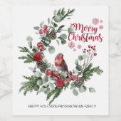 水彩赤（鳥）ショウジョウコウカンチョウ鳥リース ワインラベル (シングルラベル)