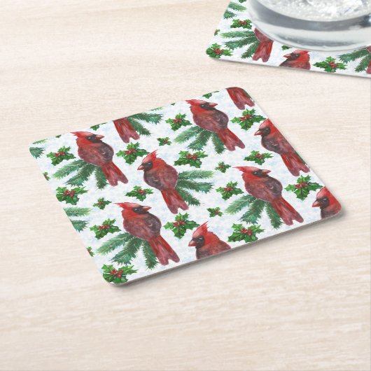 水彩赤（鳥）ショウジョウコウカンチョウ鳥 スクエアペーパーコースター (アングル)