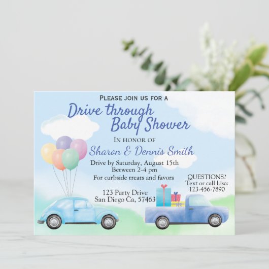 水彩車の赤ちゃんシャワーを通って男の子のためのドライブ 招待状 (スタンド正面)