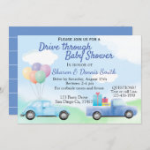 水彩車の赤ちゃんシャワーを通って男の子のためのドライブ 招待状 (正面/裏面)