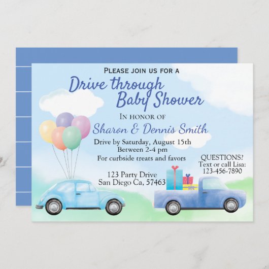 水彩車の赤ちゃんシャワーを通って男の子のためのドライブ 招待状 (正面/裏面)