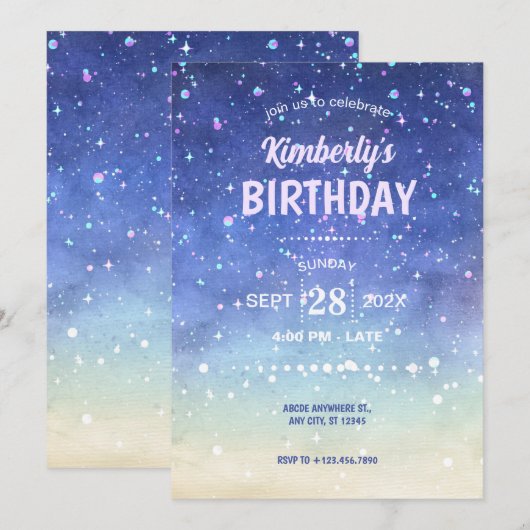 水彩輝く誕生日 招待状 (正面/裏面)