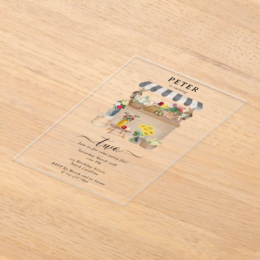 水彩農家の花市場バースデーパーティー アクリル招待状 (レイダウン)