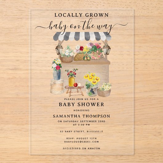 水彩農家の花市場ベビーシャワー アクリル招待状 (正面)