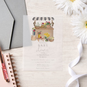 水彩農家の花市場ベビーシャワー ベラム紙招待状