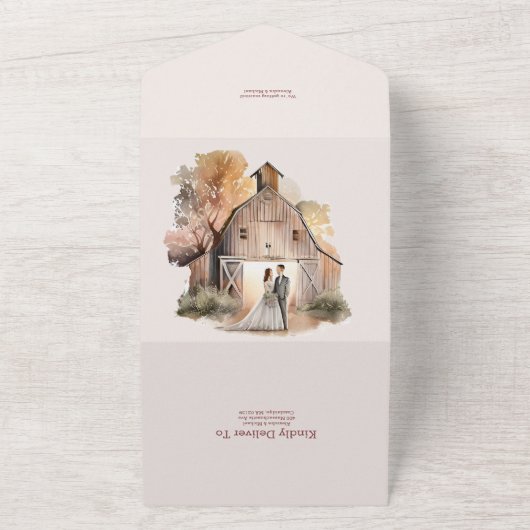 水彩農村の納屋での結婚式 オールインワン招待状 (外側)