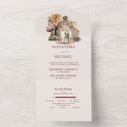 水彩農村の納屋での結婚式 オールインワン招待状 (内側)