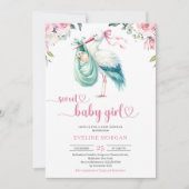 水彩造幣局とピンクコウノトリ配達ベビーガール 招待状 (正面)