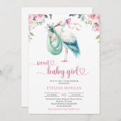 水彩造幣局とピンクコウノトリ配達ベビーガール 招待状 (正面/裏面)