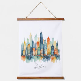水彩都市スカイライン モダンアーバンシティ 吊り下げ型タペストリー