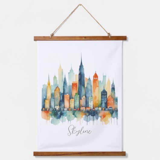 水彩都市スカイライン モダンアーバンシティ 吊り下げ型タペストリー (正面)