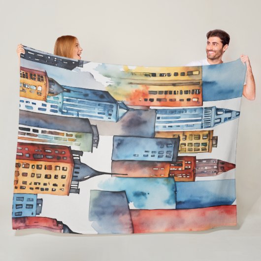 水彩都市色彩の鮮やかの都市景観の天守閣 フリースブランケット (インサイチュ)