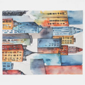 水彩都市色彩の鮮やかの都市景観の天守閣 フリースブランケット (正面(横))