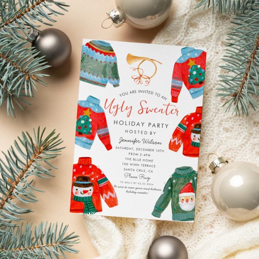 水彩醜いセーターホリデーパーティー 招待状