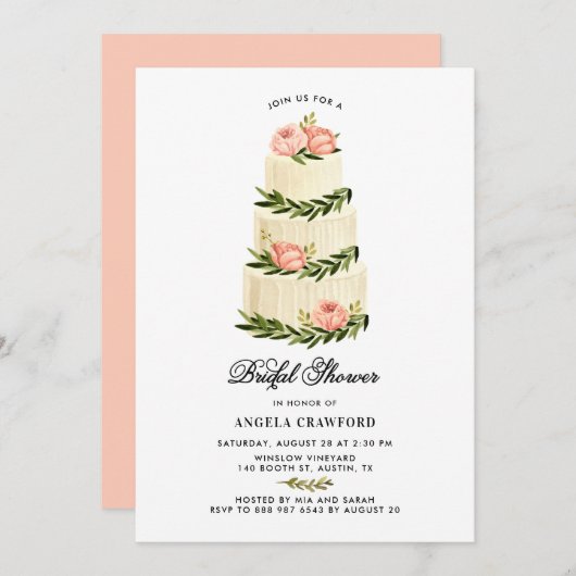 水彩重素朴層ケーキブライダルシャワー 招待状 (正面/裏面)