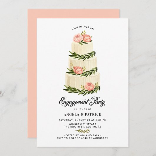 水彩重素朴層ケーキ婚約パーティ 招待状 (正面/裏面)