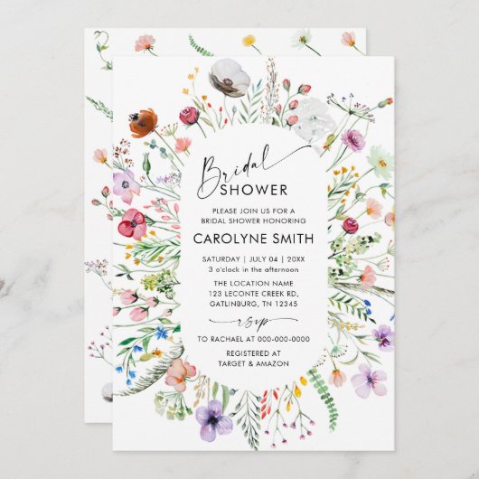 水彩野かわいらし花草地ブライダルシャワー 招待状 (正面/裏面)