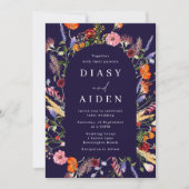 水彩野の花とネイビー結婚ズ 招待状 (正面)