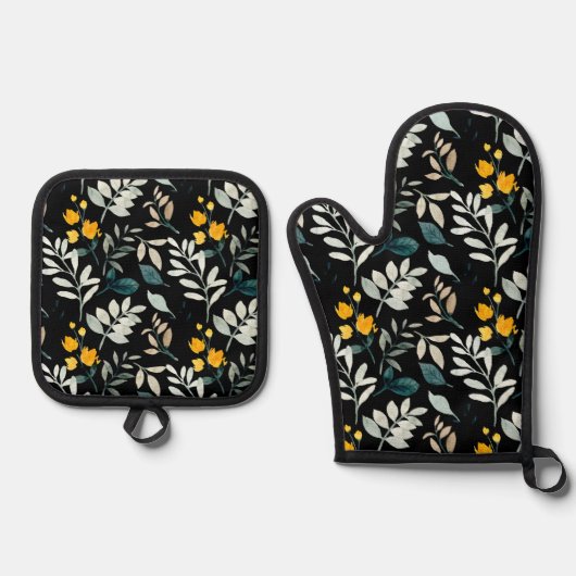 水彩野の花と離れ黒の模様 鍋つかみ&鍋敷きセット (正面)