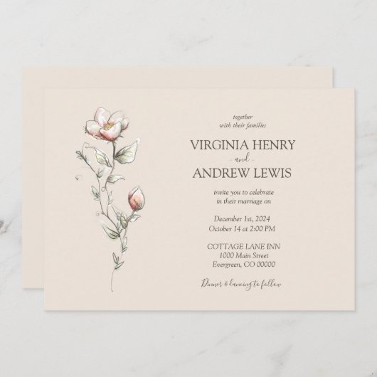 水彩野生バラ結婚式招待状 招待状 (正面/裏面)