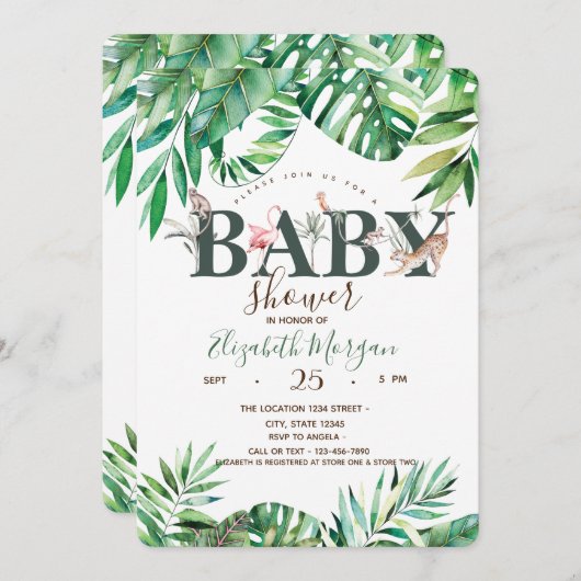 水彩野生動物のヤシ葉の赤ちゃんシャワー 招待状 (正面/裏面)