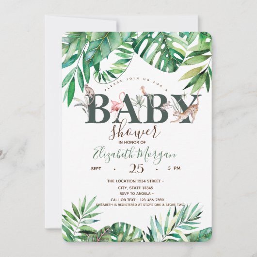 水彩野生動物のヤシ葉の赤ちゃんシャワー 招待状 (正面)