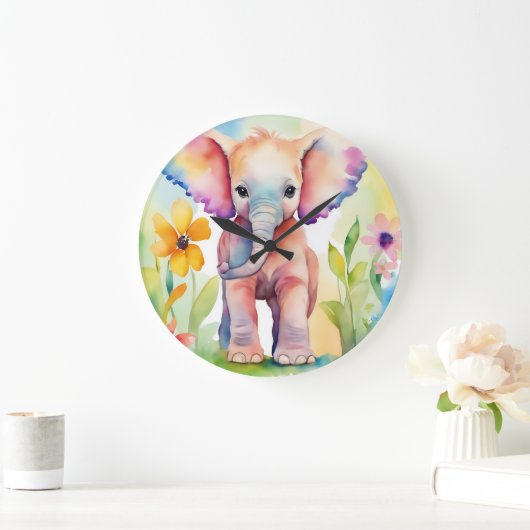 水彩野生動物ゾウ ラージ壁時計 (ホーム)