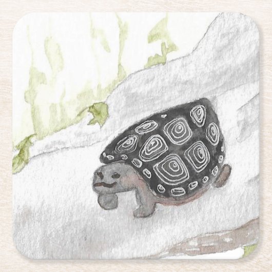 水彩野生生物自然フォレストカメ スクエアペーパーコースター (正面)