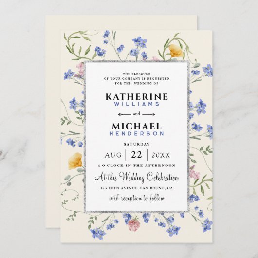 水彩野素朴花草花フォイル結婚ズ 招待状 (正面/裏面)