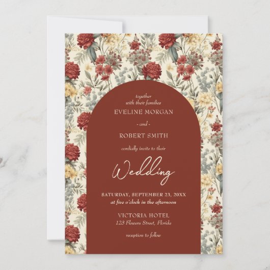 水彩野花テラコッタアイボリーアーチ 招待状 (正面)
