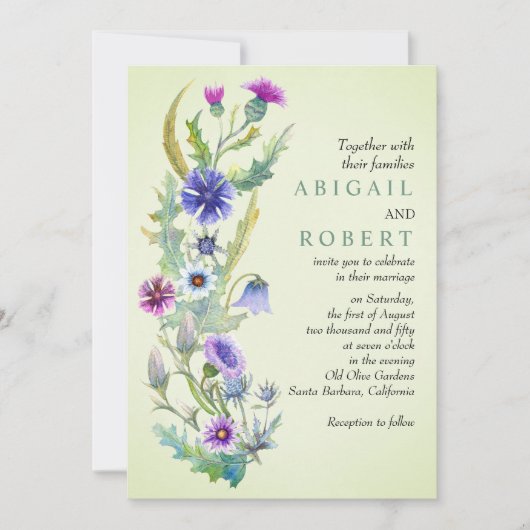 水彩野花フローラ淡い色のグリーン結婚ズ 招待状 (正面)