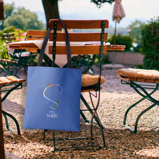 水彩野花モノグラム白レッドブルー トートバッグ