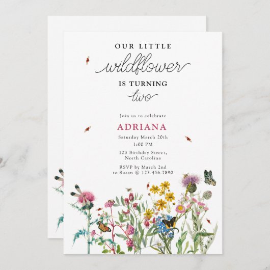 水彩野花虫フローラ1st誕生日 招待状 (正面/裏面)
