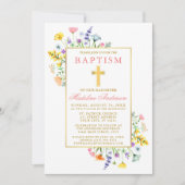 水彩野花金ゴールドピンクバプテスマ 招待状 (正面)