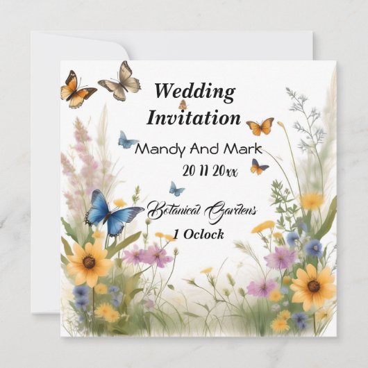 水彩野草と蝶結婚の 招待状 (正面)