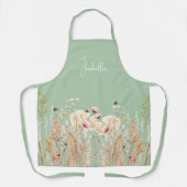 水彩野草ピンクのセージ緑のボホ エプロン (正面)