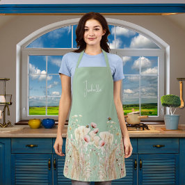 水彩野草ピンクのセージ緑のボホ エプロン