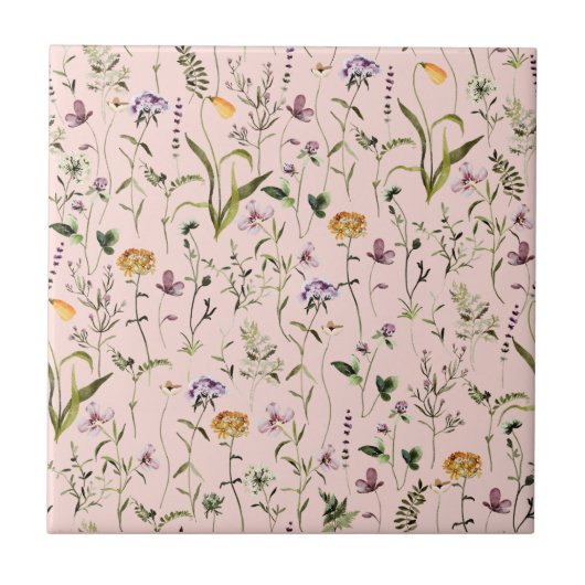 水彩野草園花模様 タイル (正面)