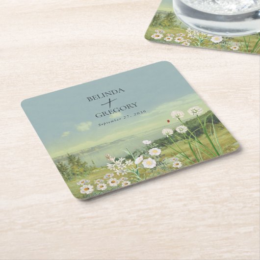 水彩野草山風景結婚ズ スクエアペーパーコースター (アングル)