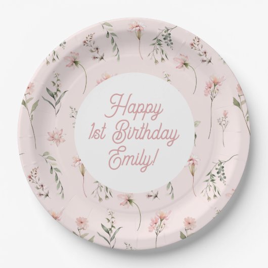 水彩野草花オ恋しく思ネダーランド1歳の誕生日 ペーパープレート (正面)