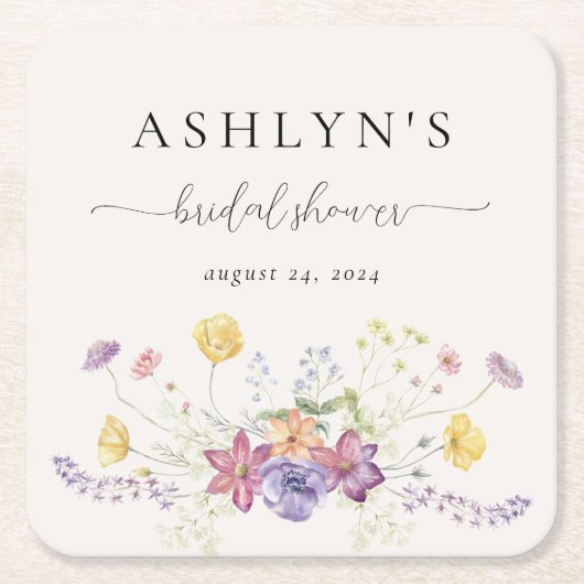 水彩野草花ブライダルシャワー紙コースター スクエアペーパーコースター (正面)