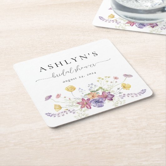 水彩野草花ブライダルシャワー紙コースター スクエアペーパーコースター (アングル)