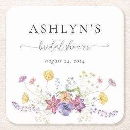 水彩野草花ブライダルシャワー紙コースター スクエアペーパーコースター