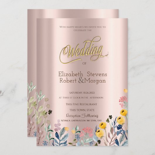 水彩野草草地バラ金ゴールド 招待状 (正面/裏面)