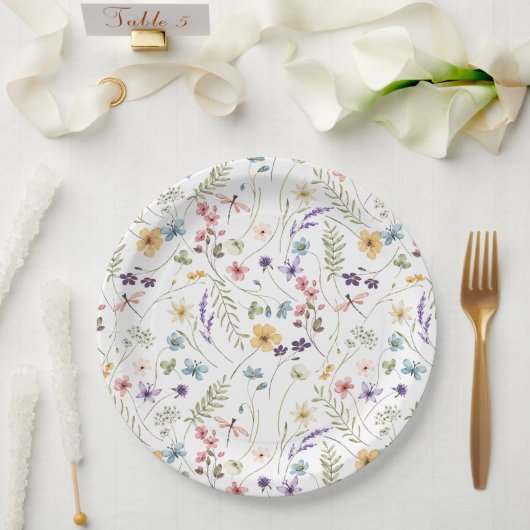 水彩野草蝶の模様 ペーパープレート (ウェディング)