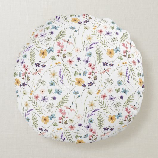 水彩野草蝶の模様 ラウンドクッション (正面)