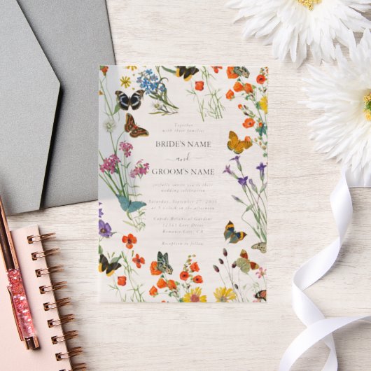 水彩野草蝶フローラ結婚ズ ベラム紙招待状 (ウェディング)