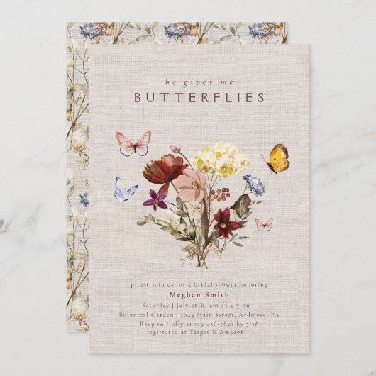 水彩野草蝶ブライダルシャワー 招待状 (正面/裏面)