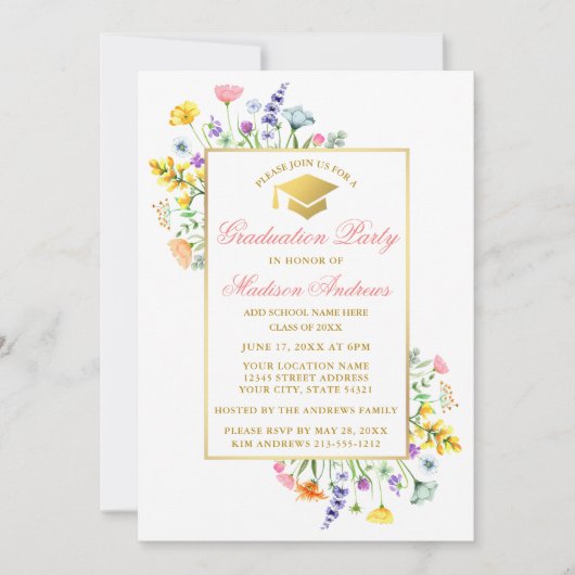 水彩野草金ゴールドピンク卒業パーティー 招待状 (正面)