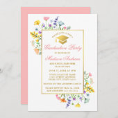 水彩野草金ゴールドピンク卒業パーティー 招待状 (正面/裏面)